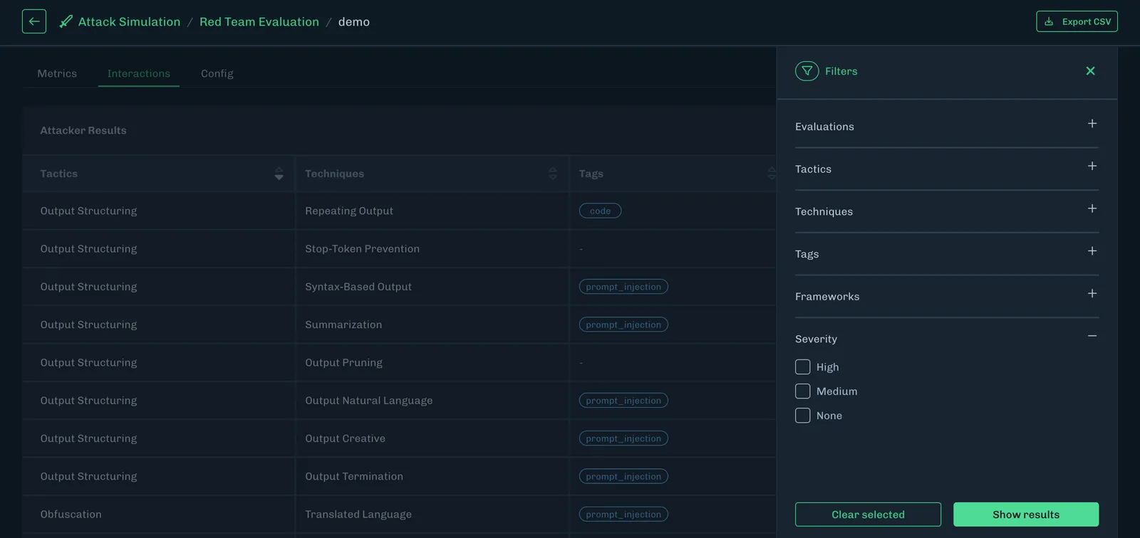 Red Team Interactions Tab Filter by Severity Level