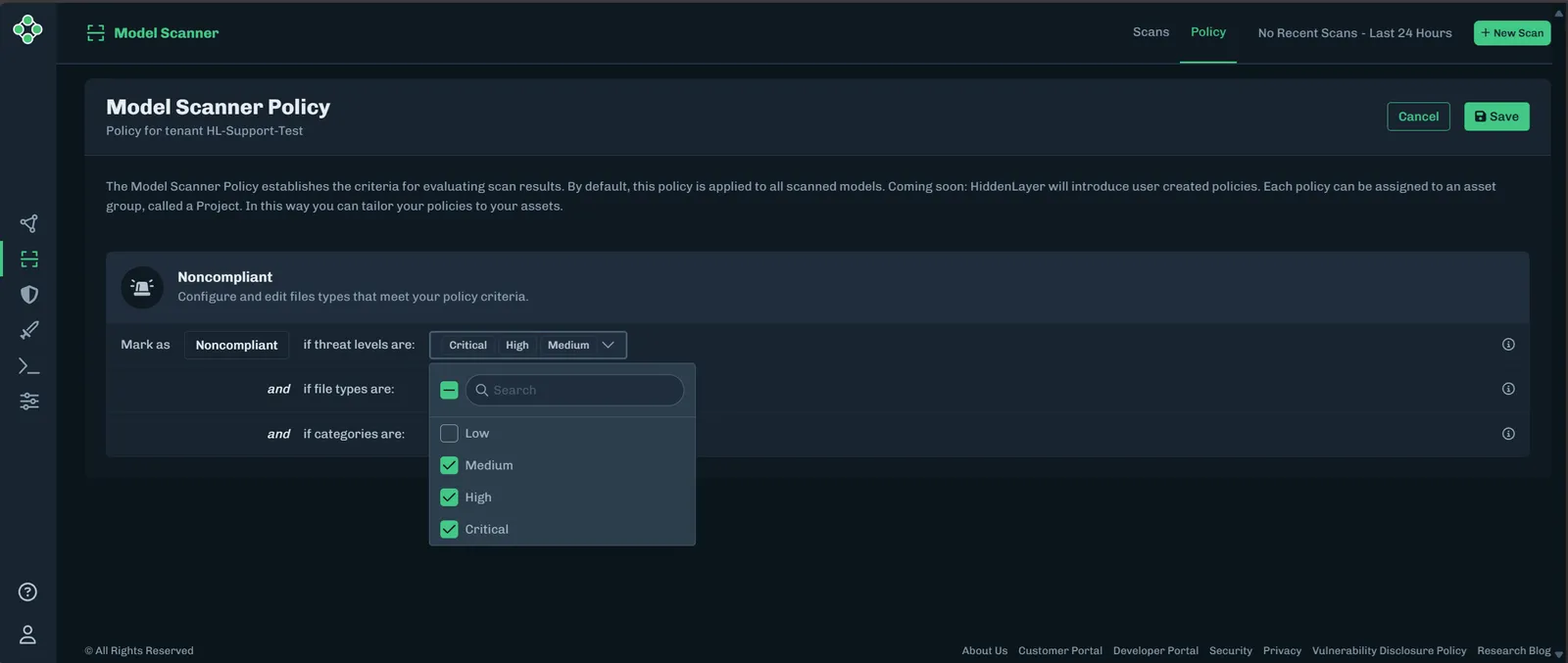 Edit threat levels in a model scan policy