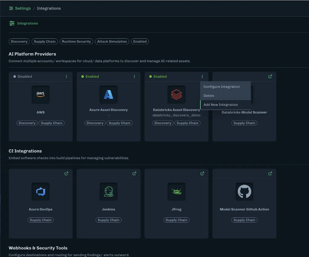 Settings Integrations page with Databricks Asset Discovery and Add New Integration in the card menu