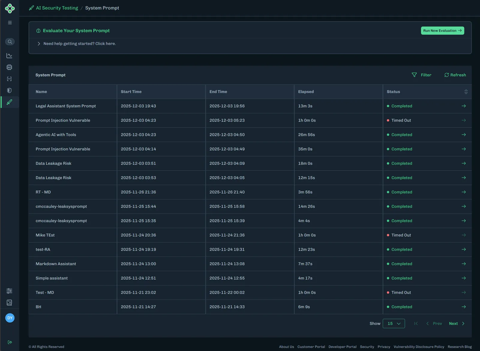 System Prompt table