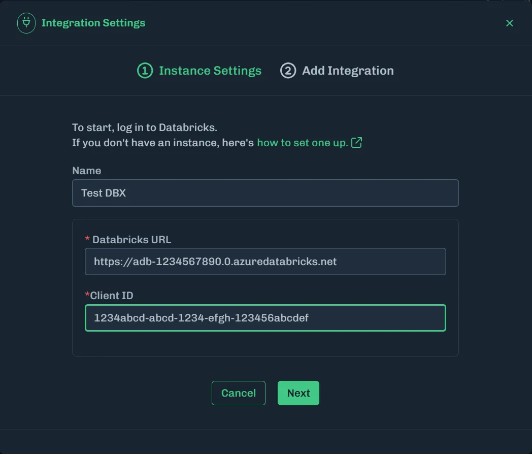 Add Databricks URL and Client ID