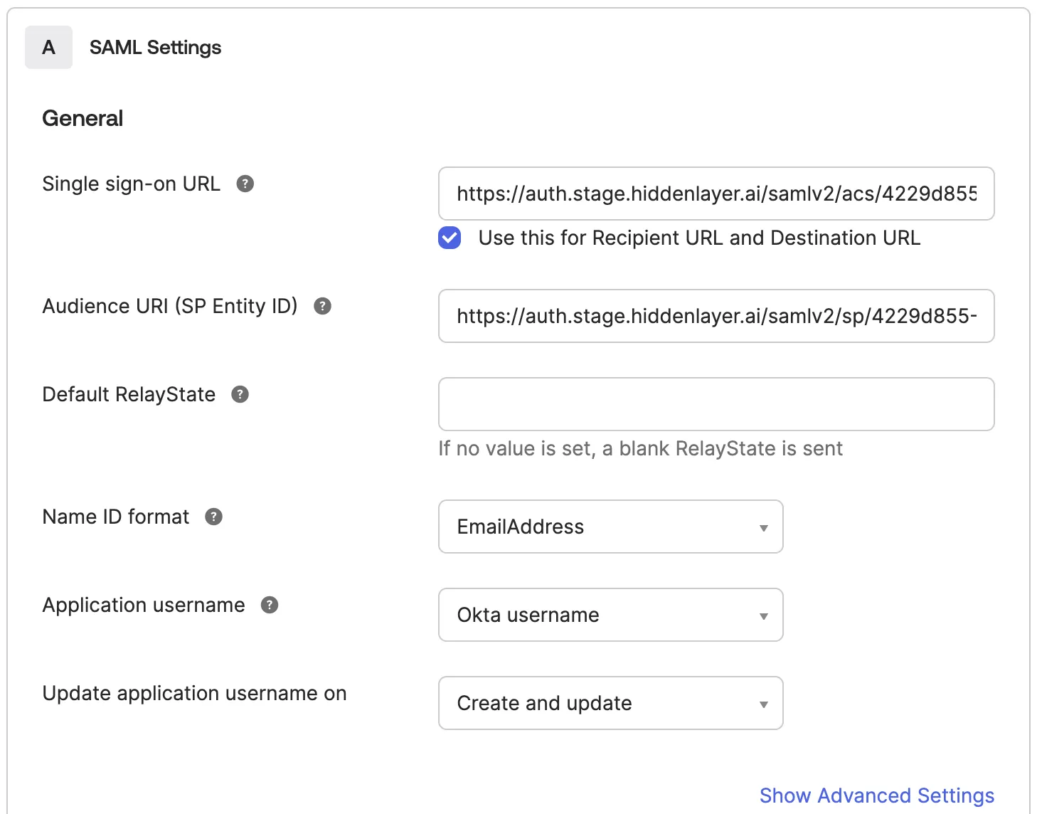 Single Sign On Okta Settings General